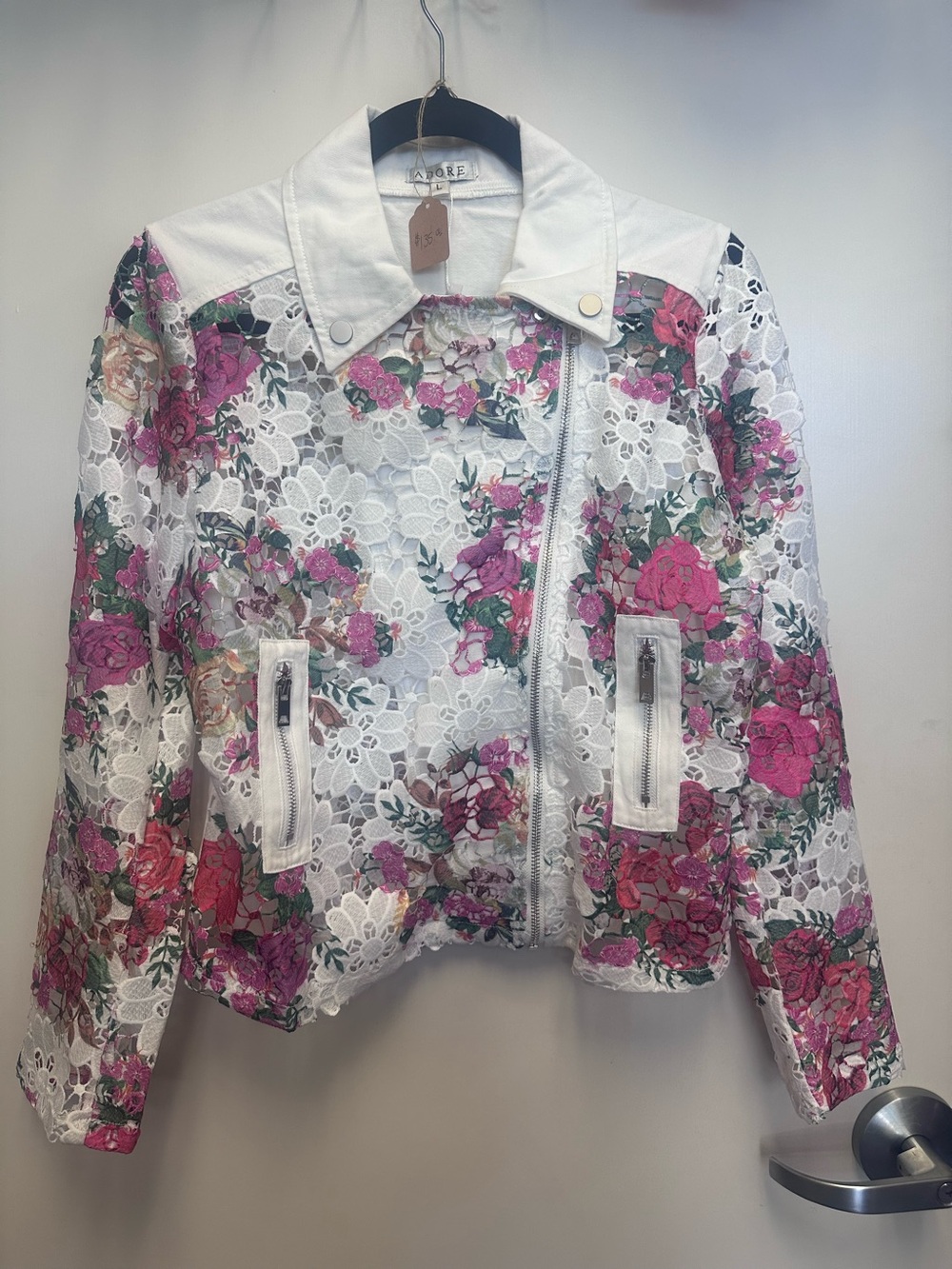 Adore White Lace Floral Moto Jacket with Pink & Green Accents